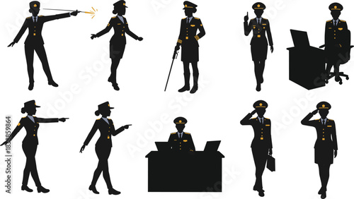 Military and naval officer silhouettes in uniform, saluting, pointing, standing, seated, sword gesture, computer interaction, command illustration