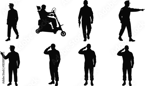 Military personnel silhouettes in uniform, saluting, pointing, walking, seated on scooter, holding rifle, gesture variety, command illustration