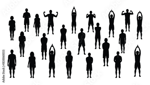 Silhouettes of people in various poses isolated on white