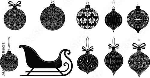 Christmas ornament and sleigh silhouette set, floral and geometric patterns, ribbon-tied festive icons, black vector illustration, holiday decoration design