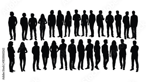 Silhouettes of people standing in a group isolated on white