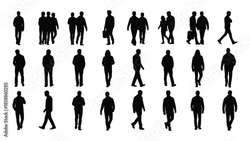 Silhouette of people walking isolated on white