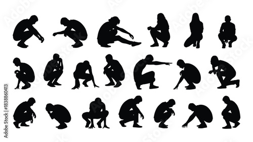 Silhouette of people in various squatting poses isolated on white