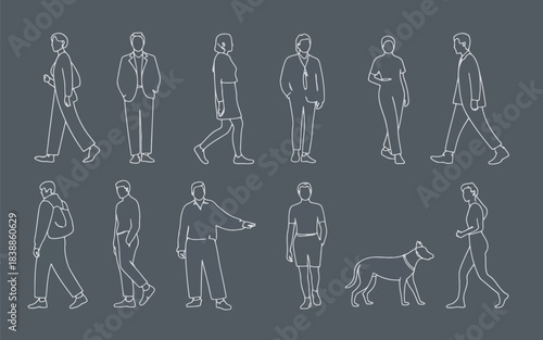 Detailed Line Art People Group Sketch Set