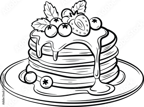 Pancake Stack Line Art with Syrup and Berries Illustration.