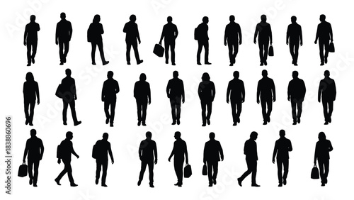 Silhouette of people walking isolated on white