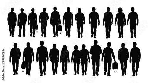 Silhouette of people walking isolated on white