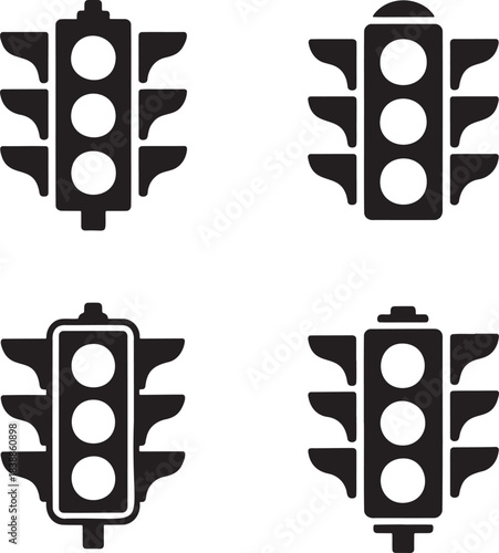Traffic Light Icon Set – Black Silhouette Vector of Signal Designs 