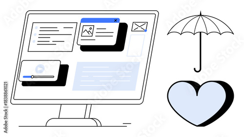 Web design, digital communication, user interface, online security, health services, multimedia tools. A monitor with application windows, umbrella heart shape. Web design and digital communication