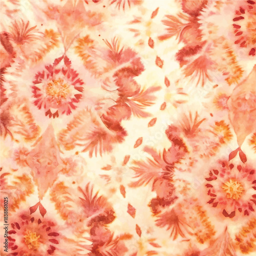 Seamless Orange Tie-Dye Shibori Pattern on White Silk Hand Painted Batik Background