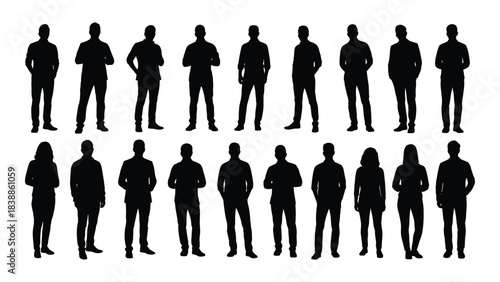 Silhouette of diverse people standing isolated on white