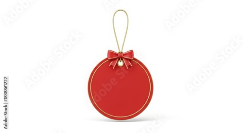 Christmas Red Round Paper Tag — Hanging ornament frame with bow, isolated 3D design