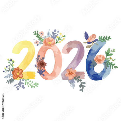 Floral watercolor 2026 illustration, featuring blooming flowers and delicate leaves in soft hues, perfect for new year celebrations, future planning, and elegant design projects