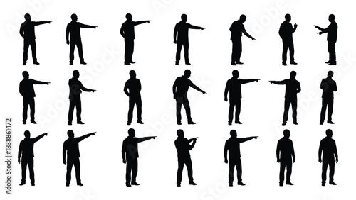 Silhouette of people pointing in various poses isolated on white