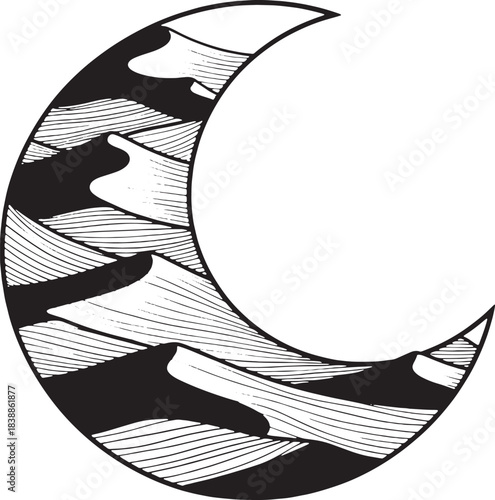 Crescent moon shape filled with stylized sand dunes