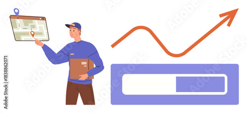 Courrier holding a package, monitoring location on a tablet map. Rising graph, progress bar indicating performance, completion. Ideal for logistics, business, delivery, efficiency growth tracking