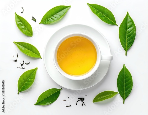 Wallpaper Mural Tea cup with green leaves, top view on white background Torontodigital.ca