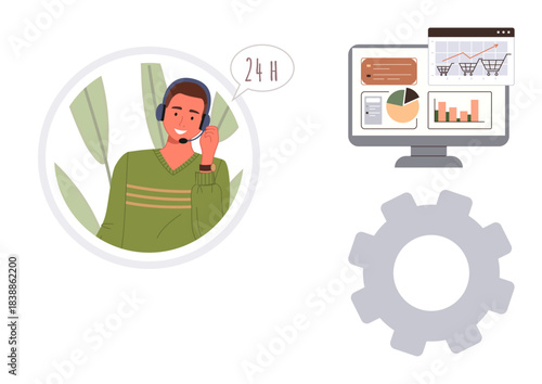 Customer support person with headset speaking, analytics dashboard on monitor, and gear showcasing productivity. Ideal for service, support, teamwork, analytics, productivity, 247 availability