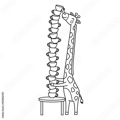 Giraffe stacking a tower of teacups, balancing them carefully on its head and hands