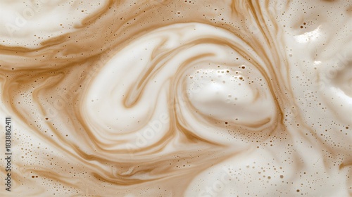 Marbled coffee and milk foam texture, abstract liquid mixing background, beige and white creamy surface pattern.