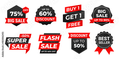 Set of Sale badges, discount labels with ribbons vector, best seller, flash sale, big sale, price tag stickers collection, promotional template designs for marketing and shopping