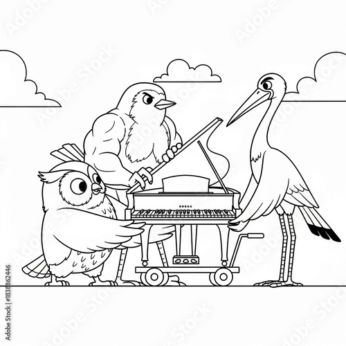 Three birds moving piano on wheels together under cloudy sky outdoors