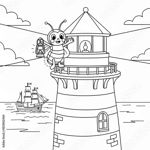 Cute bee character holding a lantern, standing on top of a lighthouse at sea