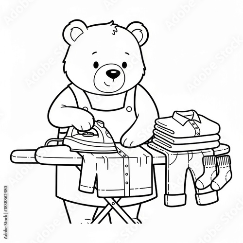 Cute bear character ironing clothes on an ironing board, with a pile of folded laundry