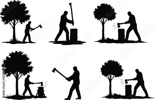 Silhouette man chopping wood under trees, outdoor lumberjack activity illustration showing axe action poses for forestry work design, cad drawing flat vector   cad drawing flat vector illustration