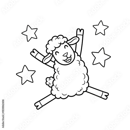 A happy cartoon sheep jumps joyfully among twinkling stars in a whimsical scene