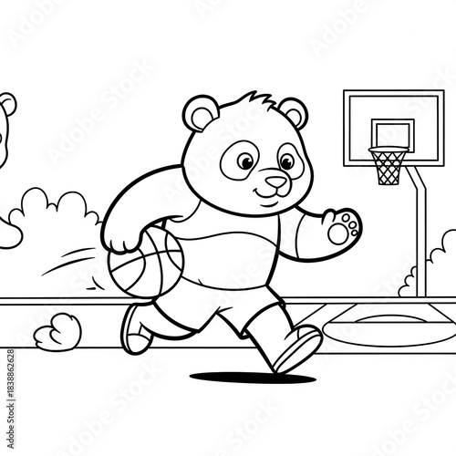 Cute cartoon panda dribbling basketball on outdoor court line art illustration