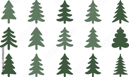 Stylized coniferous tree icons, pine forest silhouettes, evergreen nature elements, botanical design set, cad drawing flat vector illustration