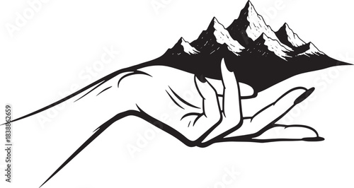 Hand holding a mountain range offering