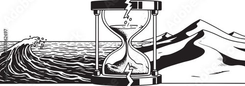 Hourglass between ocean wave and mountain landscape Keywords: hourglass, time, sand, ocean, wave