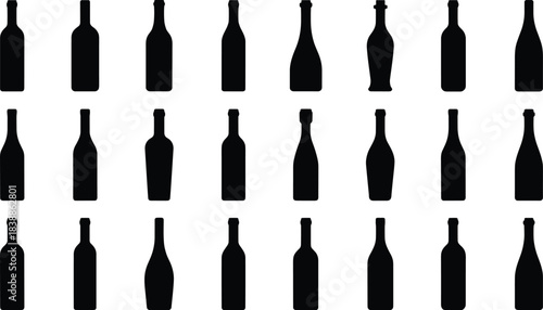 Set of various bottle silhouette shapes in black solid style for packaging, beverage branding and product design, cad drawing flat vector illustration