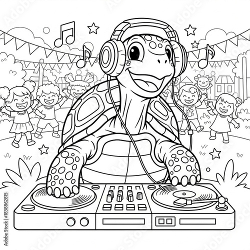 A happy cartoon turtle DJing with headphones at an outdoor party with children