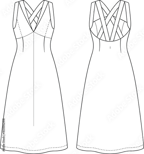 Sleeveless dress technical flat sketch, fashion CAD drawing, vector illustration apparel design, V-neck bodice, A-line skirt, crisscross strap back