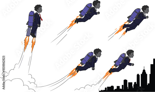 Set of five cartoon business figures flying with jetpacks above city skyline, futuristic technology illustration, innovation progress leadership concept design