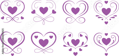 Collection of eight magenta heart shape decorative design elements