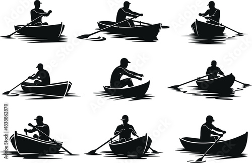 Silhouette rowers in small boats performing rowing actions on water, detailed canoe and rowboat illustration set, cad drawing flat vector illustration