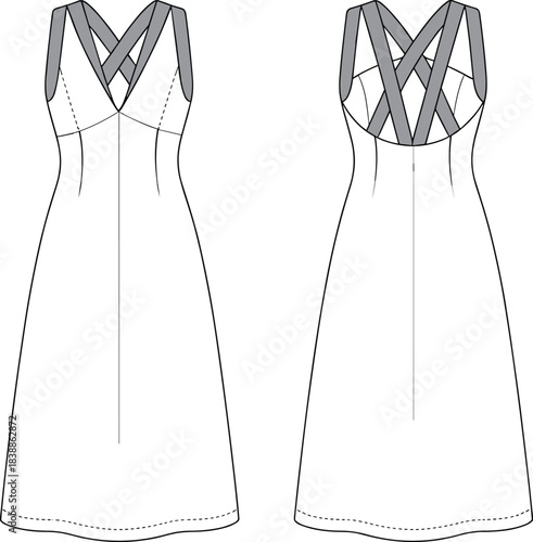 Sleeveless dress technical flat sketch, fashion CAD drawing, vector illustration apparel design, fitted bodice, A-line skirt, crisscross strap back