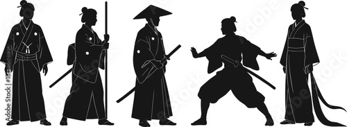 Samurai silhouettes, japanese warrior art, traditional martial arts illustration, katana sword fighters, samurai culture poses, historical japan artwork, combat stance drawing