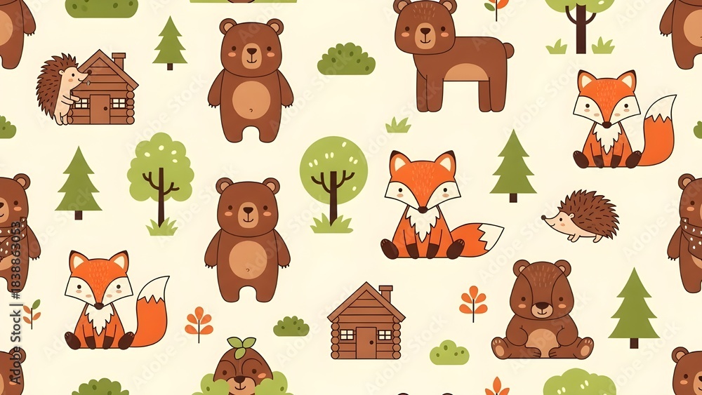 Fototapeta premium A charming seamless pattern featuring cartoon-style bears, foxes, and hedgehogs among trees, bushes, logs, and small cabins.