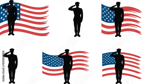 "Silhouette military soldier saluting in front of waving American flag patriotic vector design honoring service and national freedom illustration"