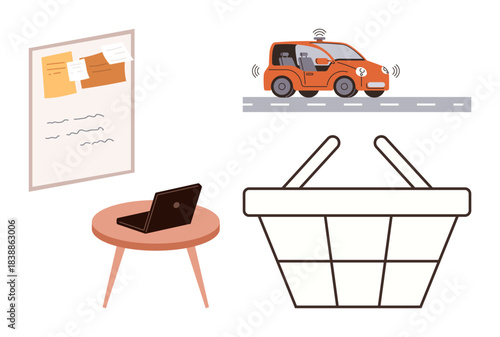 Laptop on table, smart car on road, shopping basket, and task board highlight technology, convenience, smart shopping, mobility, e-commerce productivity and innovation. Simple flat metaphor