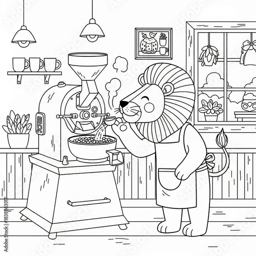 Friendly lion barista roasting coffee beans in cafe with professional equipment