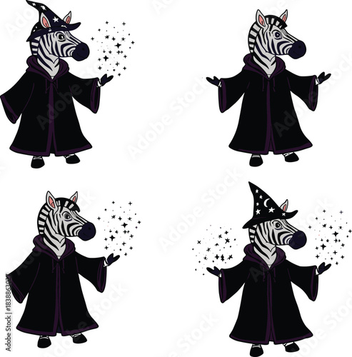 Set of four cartoon zebras dressed as wizards casting magic spells, whimsical fantasy animal illustration, anthropomorphic magical mascot concept design