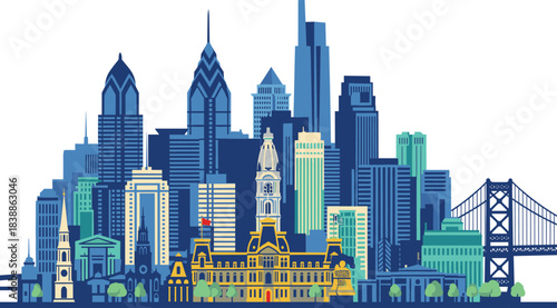 Philadelphia skyline illustration, City Hall, Liberty Place, Comcast Tower, Benjamin Franklin Bridge, historic architecture, urban design, stylized cityscape, USA landmark