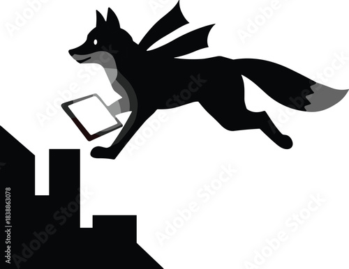 Silhouette fox superhero leaping over bar chart, wearing cape, holding tablet, dynamic animal technology illustration, data analytics digital vector art