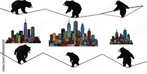 Set of six bears walking on tightropes above colorful city skylines, whimsical urban balance illustration, symbolic circus challenge concept, creative artwork design